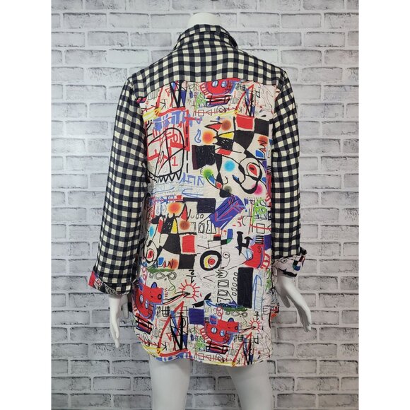 Shana Colorful Graffiti and Gingham Print Button Down Tunic Size Medium - Picture 1 of 8
